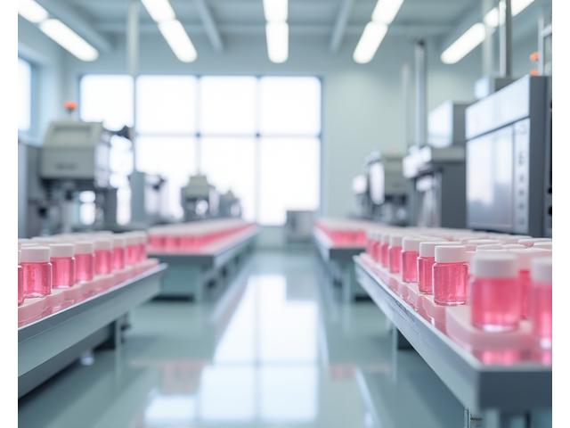 サクラエッセンスの製造工房。清潔な環境で、最新の機械と熟練の職人が協力し合い、効率的に高品質な化粧品を製造している。