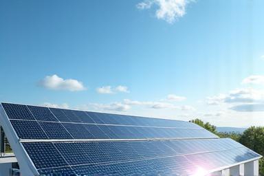 太陽光パネルが設置された清潔な化粧品製造工場の屋根。青空の下、環境に配慮したエネルギー利用を強調する光景