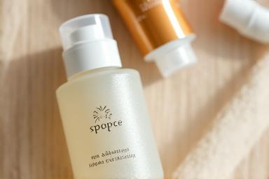 リサイクル可能なガラス瓶や竹製のキャップ、無漂白の紙など、環境に優しい素材で作られた美しい化粧品パッケージのクローズアップ。自然光が当たり、素材の質感が高く表現されている