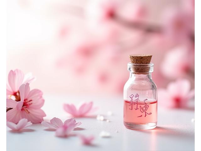 繊細な桜の花びらと、そこから抽出された桜エキスを思わせる透明でピンク色の液体が、伝統的な日本の器に入れられている様子。