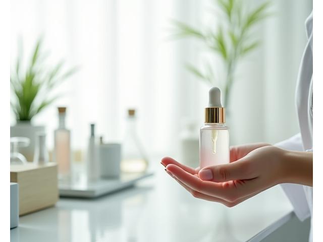 化粧品製造プロセスを表現したクリーンでモダンなイメージ。試験管、フラスコ、精密機器が並び、専門家が手作業で成分を調合している様子を示す。背景には日本の伝統的な木工品のような温かい素材感が見える。