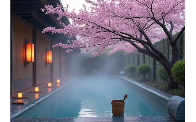 伝統的な温泉旅館の露天風呂と桜